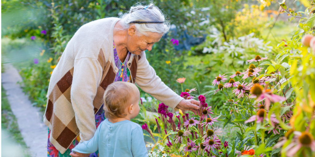 Elderly woman showing flowers to a toddler