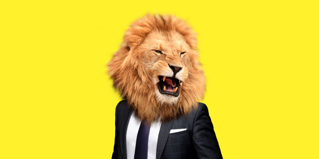 Lion head on a human body in a suit