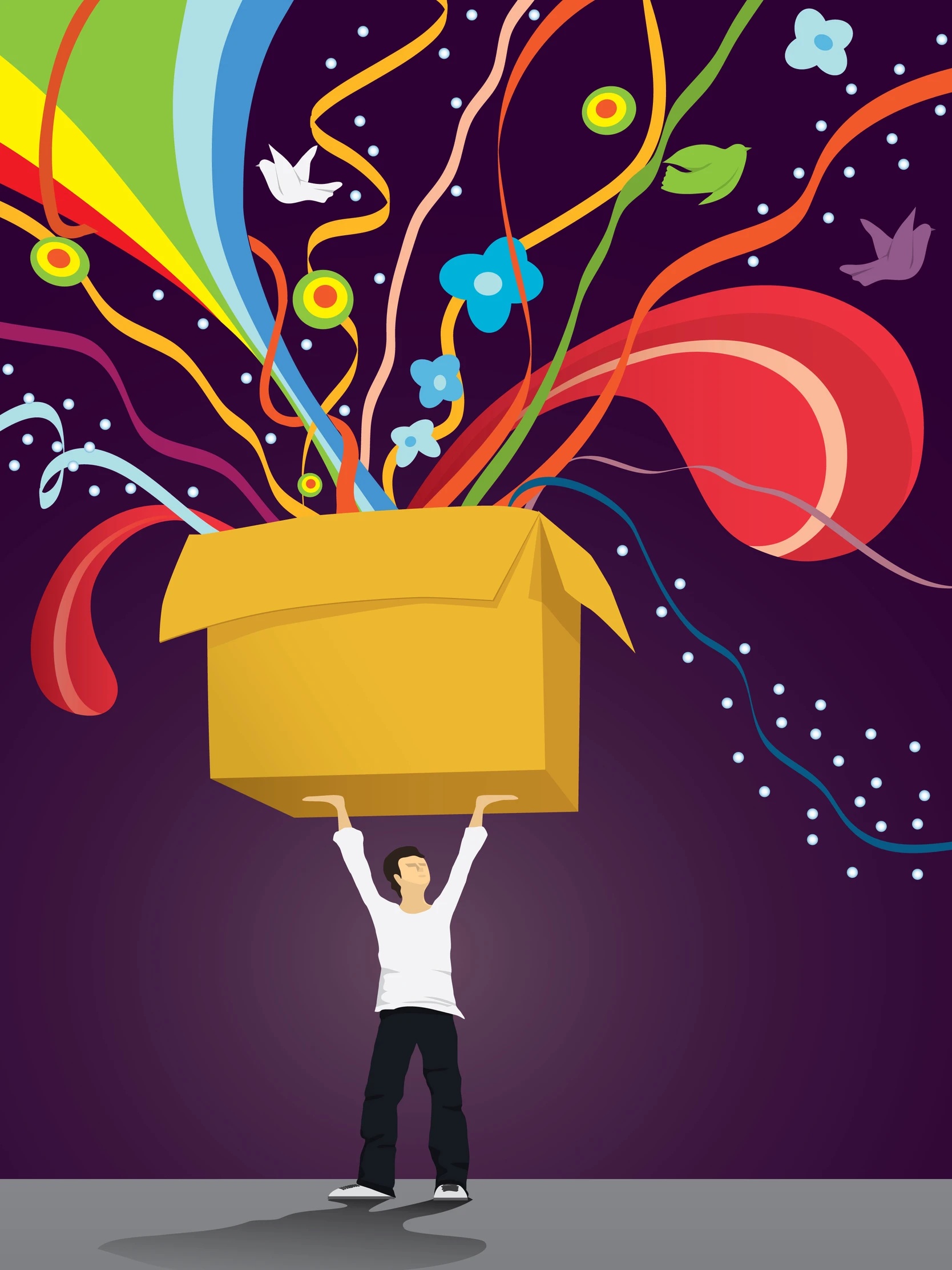 Person holing a box that is exploding with colours